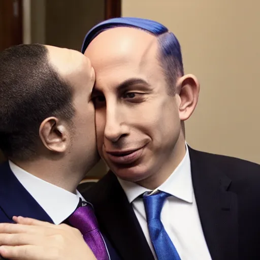 Image similar to benjamin netanyahu kissing naftali bennet, realistic, detailed