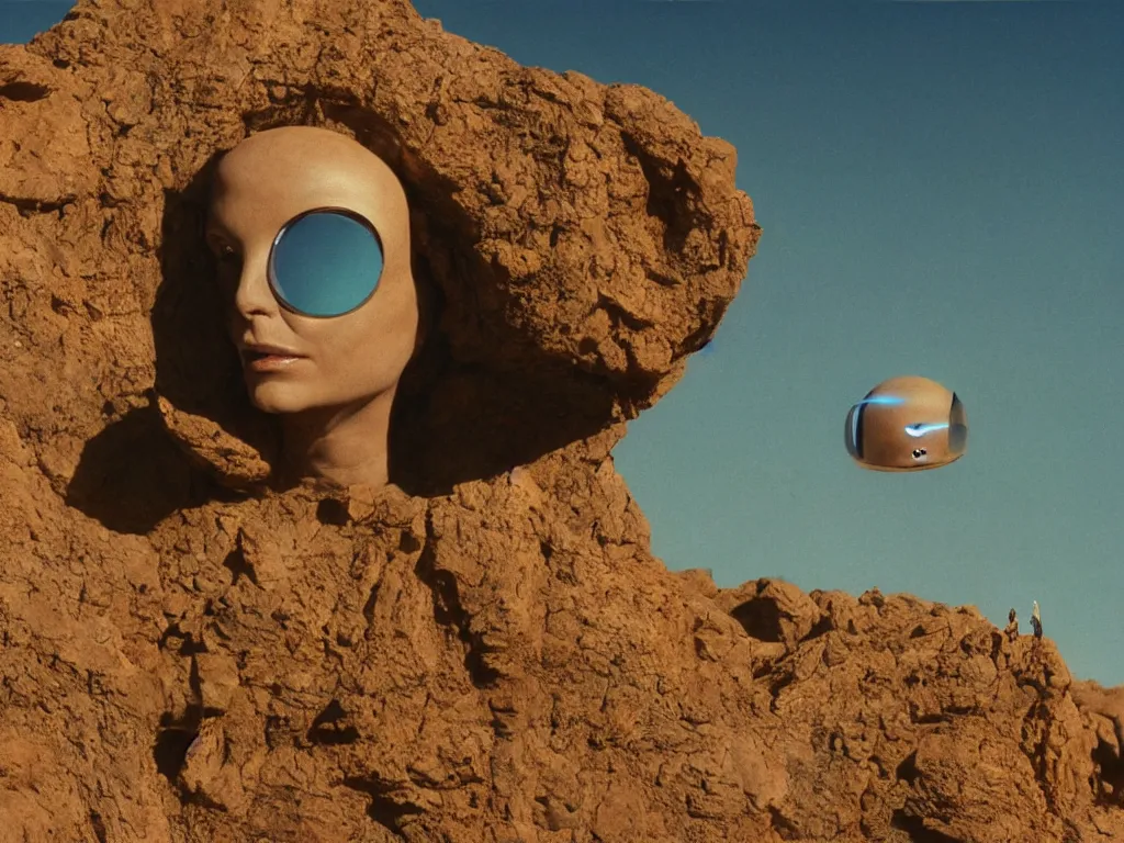 Prompt: levitating bene gesserit with full - face golden mask and glowing eyes in a dry rocky desert landscape, visible sky and sunny atmosphere, fata morgana giant mirrors, giant alien spaceship in the sky by alejandro jodorowsky, anamorphic lens, kodakchrome, cinematic composition, practical effects, 8 k,