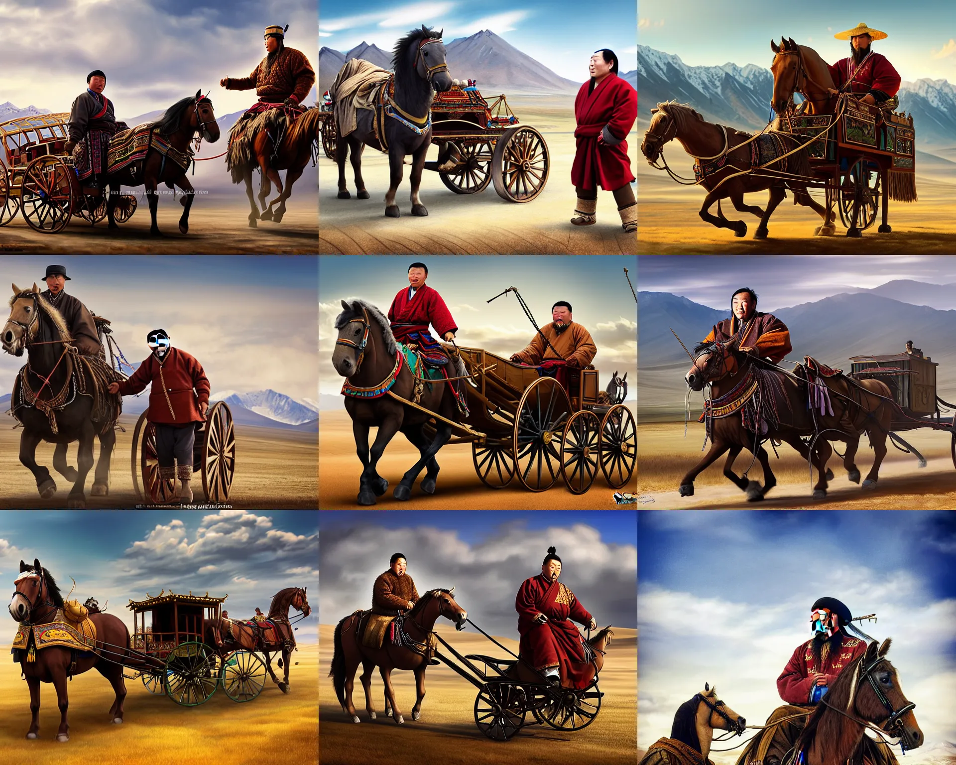 Prompt: a mongolian man as the character of silicon valley movie sits with his pc in the carriage, horse pulling a carriage, man steal computers, film still, mega detailed, carriage full of computers, by artgerm