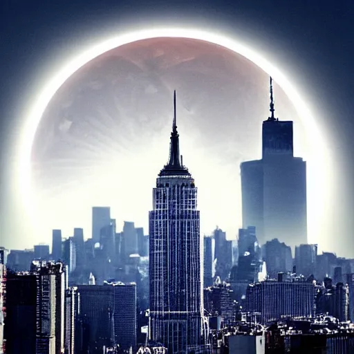 Prompt: new york city and an eclipse in the background, cinematic, realistic