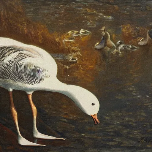 Image similar to oil painting of a goose with dozens of eyes all over its body