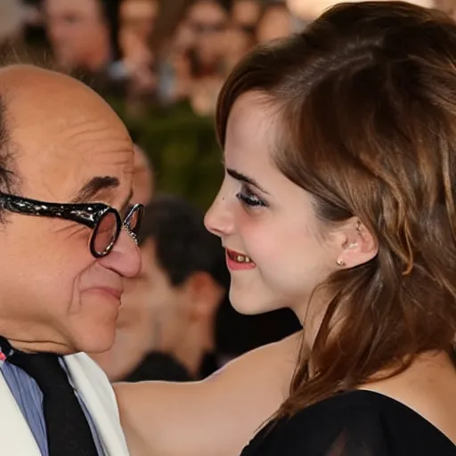 Prompt: danny devito and emma watson french kissing in public, detailed, gross, cinematic, 8 k