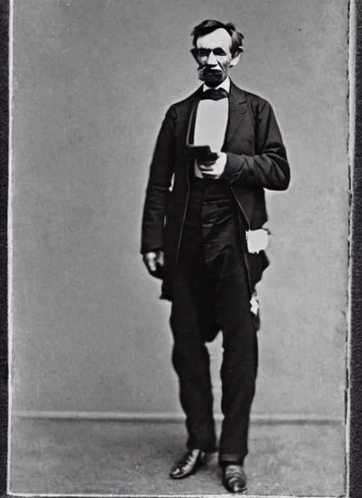 Prompt: old photo of abraham lincoln wearing a t - shirt and holding a cell phone