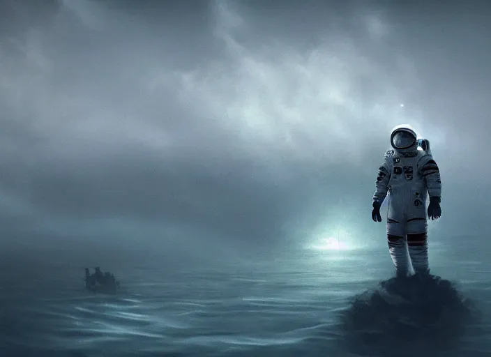 Image similar to astronaut holding a flag in an underwater desert. a submarine is visible in the distance. dark, concept art, cinematic, dramatic, atmospheric, 8 k, trending on artstation, blue, fish, low visibility, fog, ocean floor, christopher nolan, interstellar