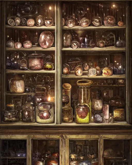 Image similar to a large wood display cabinet filled with lots of different items in magical glowing jars in different colors, a still life by seb mckinnon, artstation, neoplasticism, lovecraftian, artstation hq, award winning photography 4 k 8 k 1 6 k