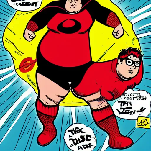 Image similar to A fat nerd as a comic book hero fighting off evil,, 4k, comic book cover