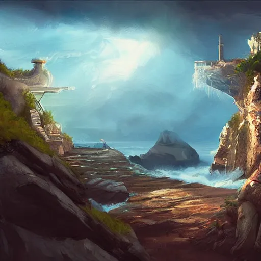 Image similar to sci fi house on a cliff above the coast, digital painting by Angrymikko, warm lighting, concept art