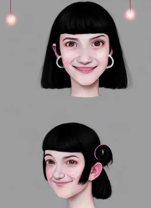 Image similar to portrait of teenage girl, realistic, black hair, bangs, half updo hairstyle, pointy nose, skinny, smile, ugly, defined jawline, big chin, pink hair bow, earrings, intricate, elegant, glowing lights, highly detailed, digital painting, artstation, sharp focus, illustration, art by wlop, mars ravelo and greg rutkowski