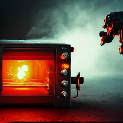 Image similar to toaster oven robot, mechanical, machine, octane render, sharp focus, hyper - realistic, intricate, detailed, eduard pronin, luka mivsek, ruan jia, dark messy smoke - filled cluttered workshop, dark, dramatic lighting, orange tint, sparks, cinematic, highly detailed, sci - fi, futuristic, movie still