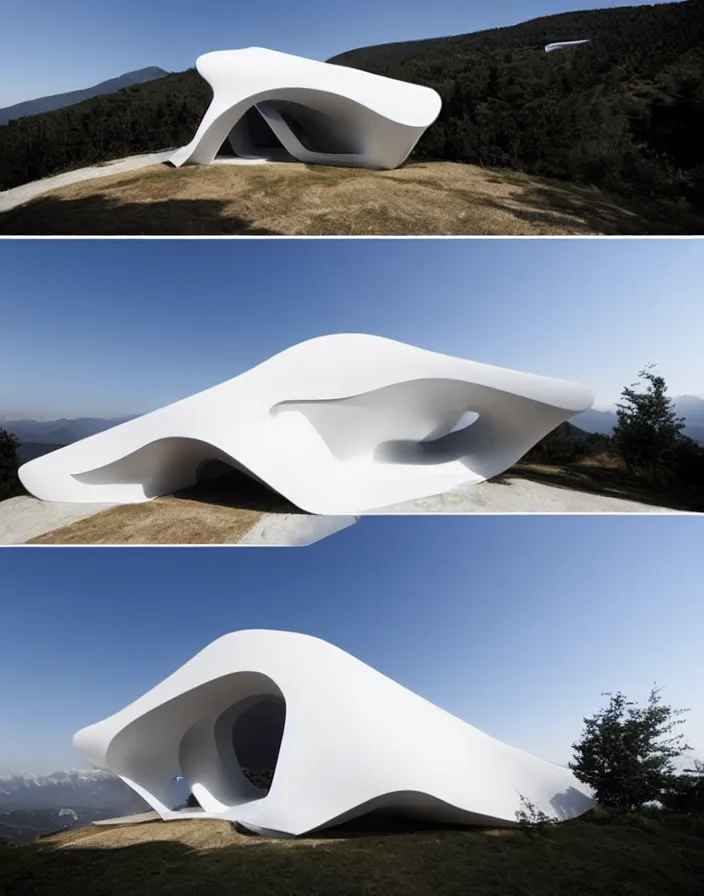 Prompt: zaha hadid 3 d construction printed house on the mountain, soft light