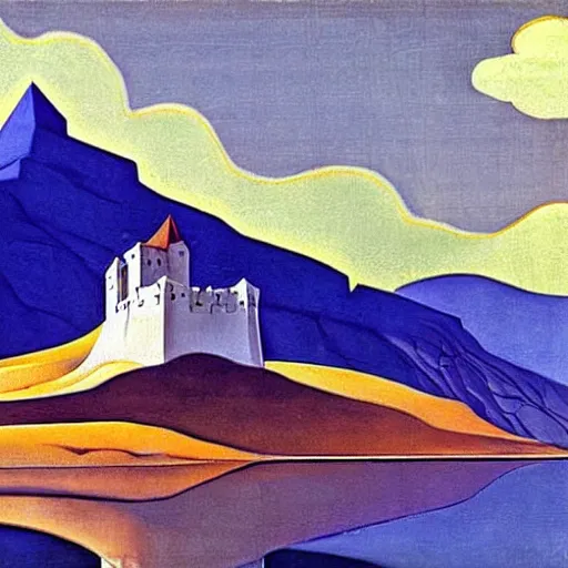 Image similar to A castle in the mountains by Nicholas Roerich, by Georgia o Keeffe