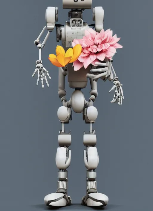 Image similar to detailed full body concept art illustration pastel painting of a robot holding a flower, ultra detailed, digital art, octane render, dystopian, micro detail, 4k