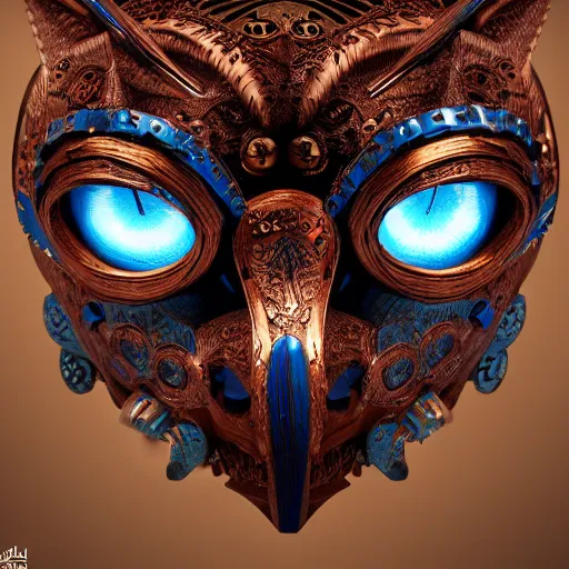 Image similar to steampunk tribal mask, owl, japanese pottery, vivid colors, wood, metal, intricate details, trending on cgsociety, concept art, glowing eyes, sharp focus, ultra realistic details, cinematic atmosphere, global illumination, shadows
