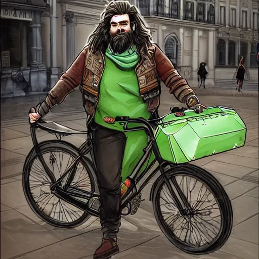 Image similar to a bearded and long haired bicycle food delivery worker with a green bag on his back in rossio lisbon, he has boots, hearthstone art style, epic fantasy style art by kim jung gi, fantasy epic digital art