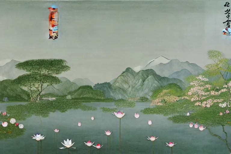 Image similar to an ultradetailed landscape painting of westlake in china hangzhou, lotus, may flowers blossoms nearby, fine wind, chinese water color, smooth, sharp focus, illustration, by hilma af klint, 8 k