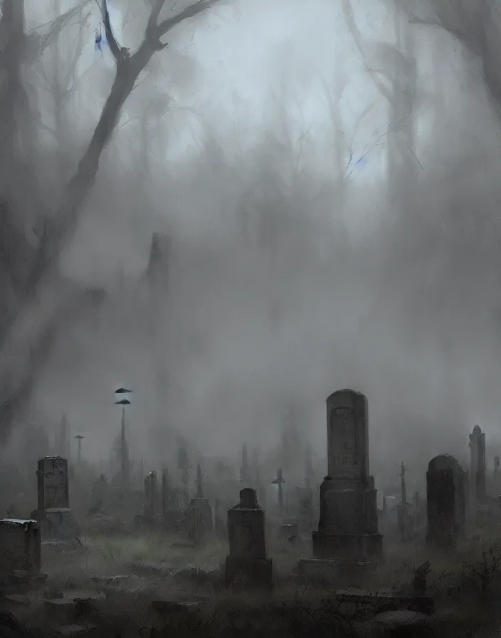 Prompt: , a gloomy cemetery with fog by craig mullins, concept art, artstation, trending on instagram, 8 k, ultra detailed, award winning,