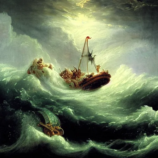 Image similar to an epic and beautiful rococo painting of a water-level view of Noah’s ark with the bow of the ark lifting out of the water in the turbulent swells of a violent stormy ocean. In the distance, a silver disc-shaped alien craft hovers high above the ark, dramatic thunderous sky. breaking light. light particles. ultra-detailed. Anime, pixiv, UHD 8K CryEngine, octane render