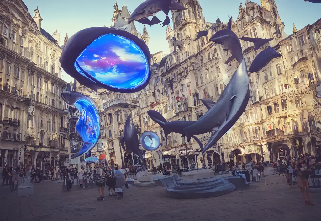 Prompt: 3 d 🦈 popping out of curved screen, town square, volumetric lighting, shot on 7 0 mm, instax