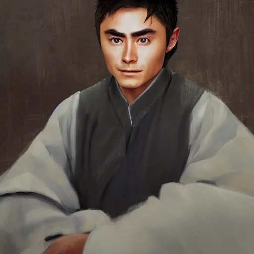 Image similar to portrait painting of a 9 0 year old kind handsome taoist priest, big eyes, deep silhouette ， looks like zac efron ， silver ponytail hair, amiable by yangjun chen ，, nadar, bright colors, octopath traveler, unreal engine 5 highly rendered, global illumination, radiant light, detailed and intricate environment