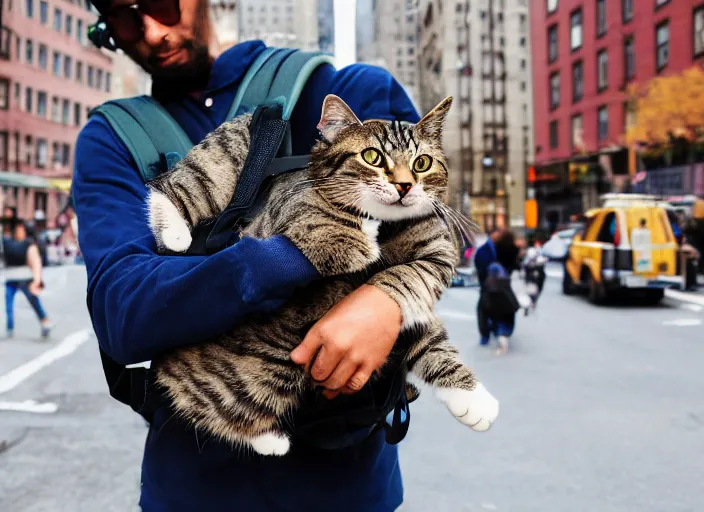 Image similar to photography of a Cat being carried in a backpack . in a new york street. award winning photo, led lighting, night, 130mm, sharp, high res