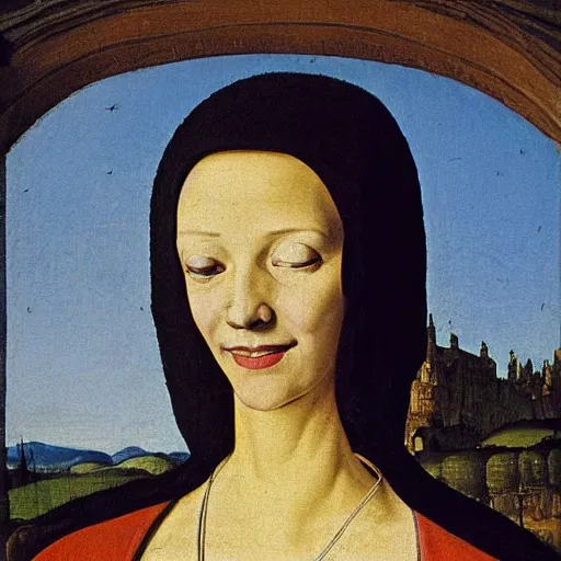 Prompt: portrait of a young woman with a happy face in the year 1414 by the Italian late Gothic artist Lorenzo Monaco