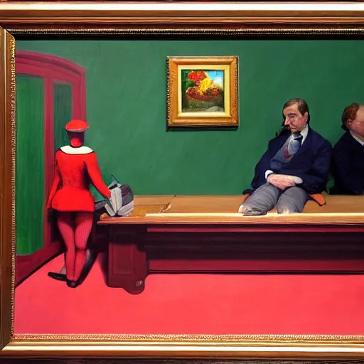 Image similar to a highly detailed fine art painting of british member of parliament in the house of commons wearing clown costumes. in the style of edward hopper, richard hamilton.