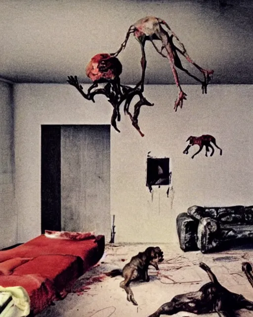 Prompt: realistic detailed overhead image of a dead old couple and stray dog in style of Francis Bacon and Willem de kooning, interior room with a pool of blood and stray dog barking, messy living room. Art by Henry Clarke, Still from 1982 movie The Thing. Beksiński Masterpiece