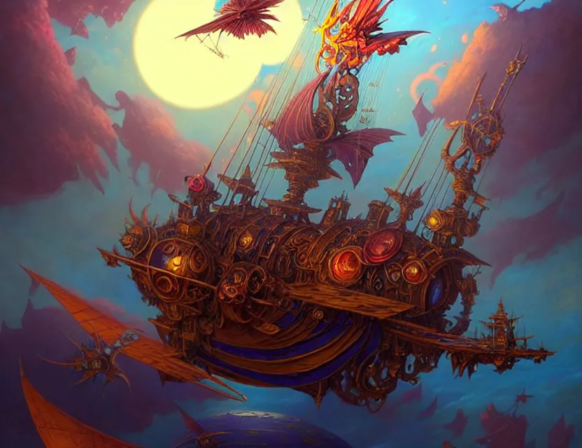 Prompt: the flying spelljammer galleon soars through the planes, amazing d & d planescape style art, trending on artstation, colorful, intricate, art by kev chan, fantasypunk, deep colors, cgsociety, by art germ, by gerald brom, by peter mohrbacher, by marc simonetti, by wlop, by guweiz