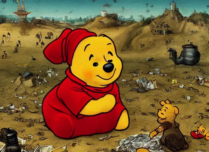 Image similar to portrait of Xi Jinping wearing a Winnie the Pooh onesie in a trashy Chinese dirt poor landfill, hungry, beta weak male, digital painting, concept art, smooth, sharp focus, illustration, from Slumdog Millionaire, by Hieronymus Bosch