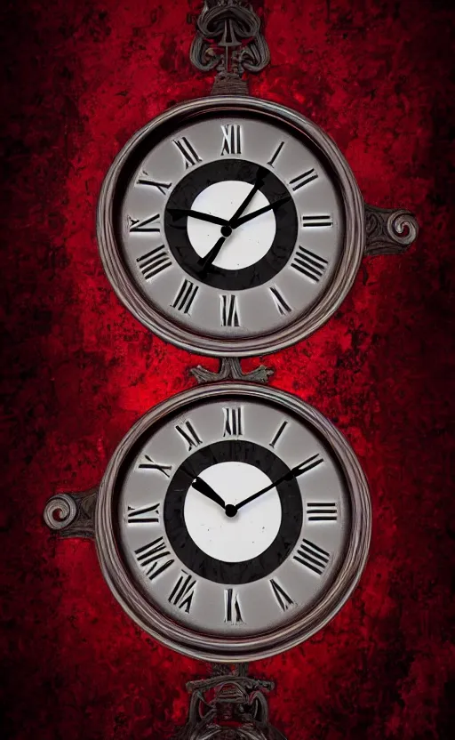 Image similar to a melting Roman numeral clock, behind a red and black gradient background, dynamic lighting, photorealistic fantasy concept art, trending on art station, stunning visuals, cinematic, creative, ultra detailed
