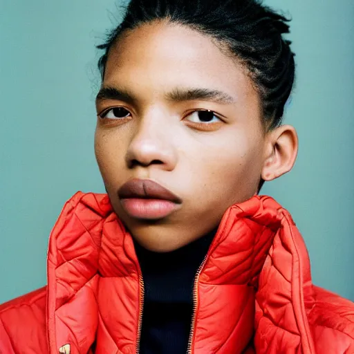 Image similar to realistic! photoshoot for a new balenciaga lookbook, color film photography, portrait of a beautiful woman wearing a puffer jacket, photo in style of tyler mitchell, 35mm