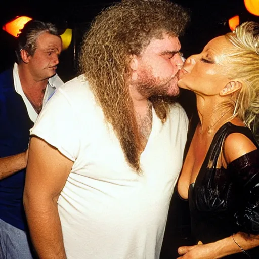 Prompt: Hagrid kissing Pamela Anderson at a dive bar award winning photography