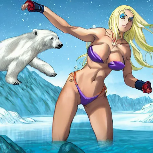 Prompt: bicolor - eyed blonde super muscular anime girl warrior in bikini riding a polar bear in the snowy mountains background, digital painting, illustration by james jean and artgerm and mina petrovic and timothy kong and marina federovna, artstation