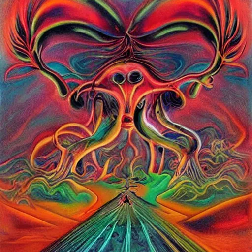 Image similar to schizophrenia, psychedelic art, shocking, depressing, surrealist