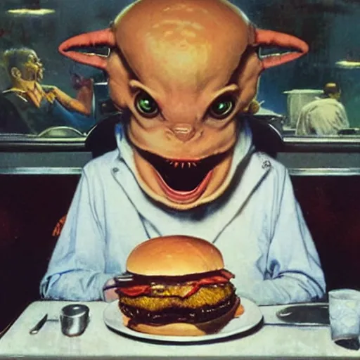 Image similar to beautiful cute alien, eating a cheeseburger, at a 5 0 s diner, painted by norman rockwell, greg rutkowski, john howe, wlop, artgerm