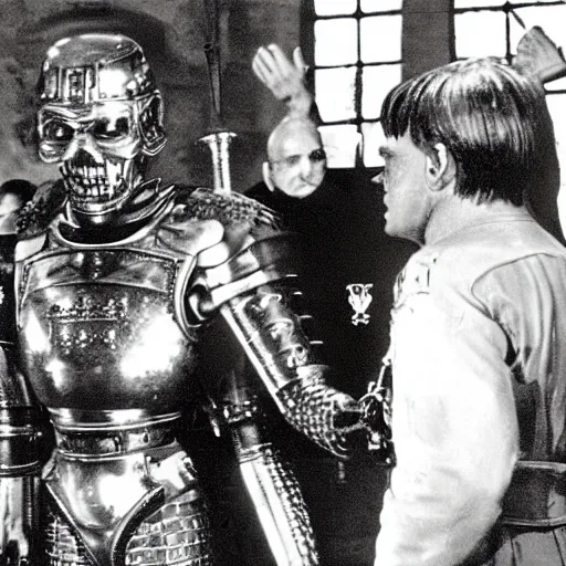 Prompt: hitler knighting schwarzenegger the terminator in a church