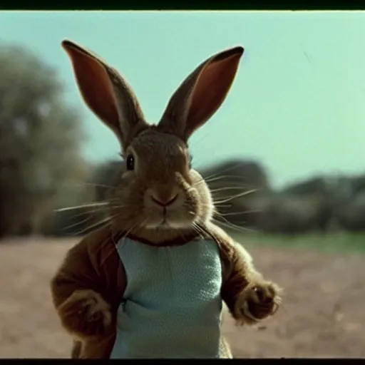 Prompt: a rabbit holding a tiny gun, film still, arriflex