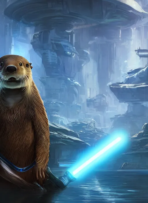 Image similar to portrait, anthropomorphic otter wearing Jedi robes wielding a blue lightsaber in a futuristic river town. Dramatic lighting, cinematic, establishing shot, extremely high detail, photo realistic, post processed, artstation, matte painting, style by eddie mendoza, raphael lacoste, alex ross