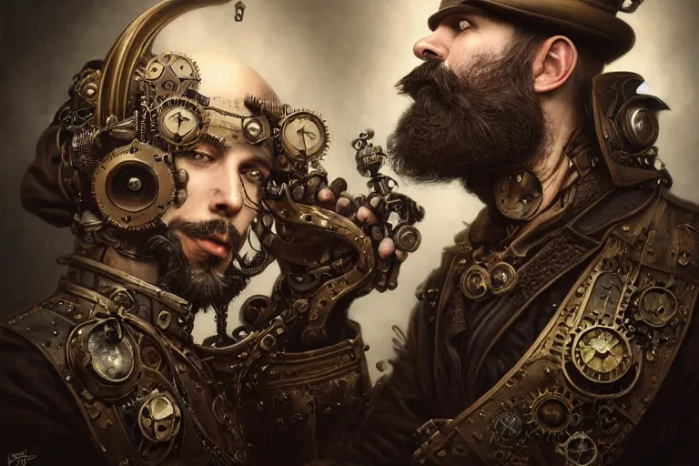 Image similar to portrait of a steampunk bearded king, grim - lighting, high - contrast, intricate, elegant, highly detailed, centered, digital painting, artstation, concept art, smooth, sharp focus, illustration, artgerm, tomasz alen kopera, peter mohrbacher, donato giancola, joseph christian leyendecker, wlop, boris vallejo