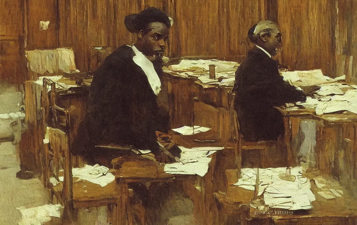 Prompt: british colonial clerk working in office in lagos, 1905, colourful highly detailed oil on canvas, by Ilya Repin