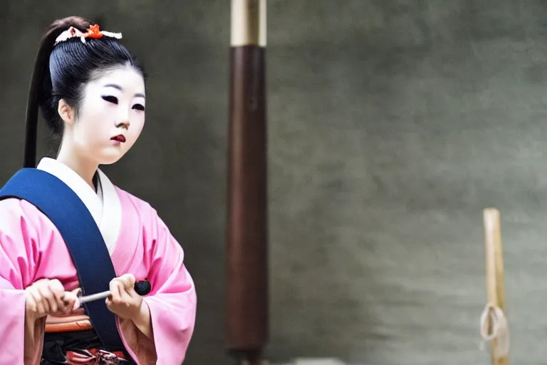 Image similar to beautiful photo of a young modern geisha samurai practising the sword in a traditional japanese temple, mid action swing, symmetrical face, beautiful eyes, huge oversized sword, award winning photo, muted pastels, action photography, 1 / 1 2 5 shutter speed, dramatic lighting, anime set style