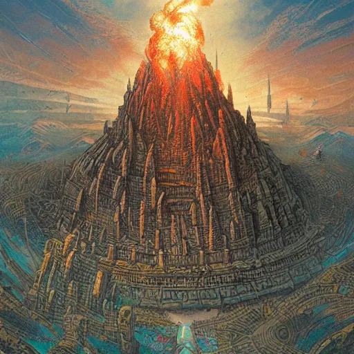 Prompt: a fortified volcano city, mega-architecture, furnaces burning, giant walls by Mohrbacher and Moebius and Alphonse Muchas