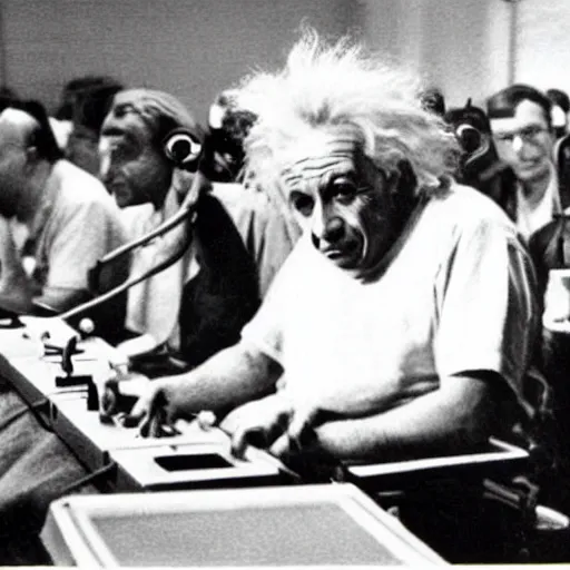 Prompt: vintage photo of einstein competing in a super smash bros tournament