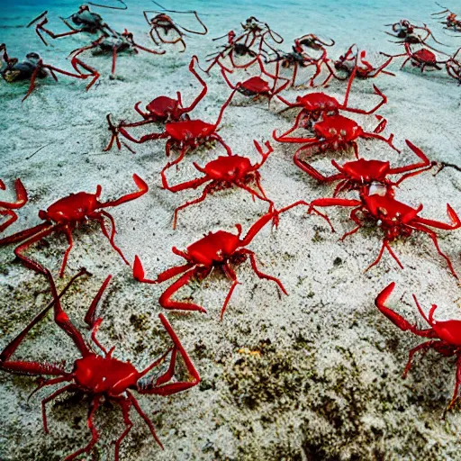 Prompt: mice riding on crabs during the Christmas Island great red crab migration, national geographic photography,