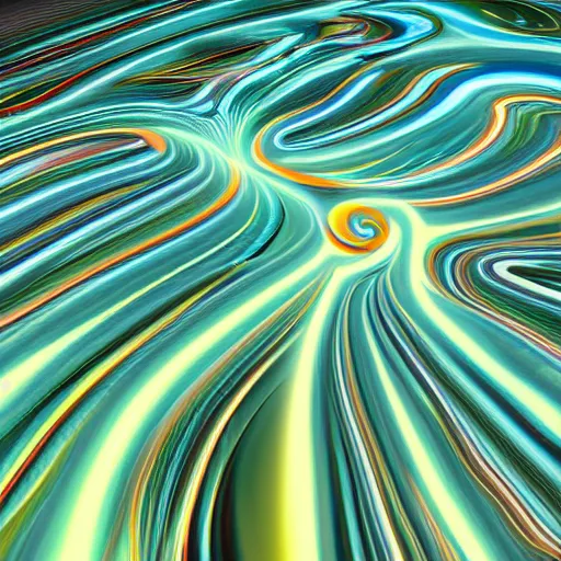 Prompt: moving swirls of hypnotic beauty surround the beating neon landscape of amber green teal, 4 k octane render