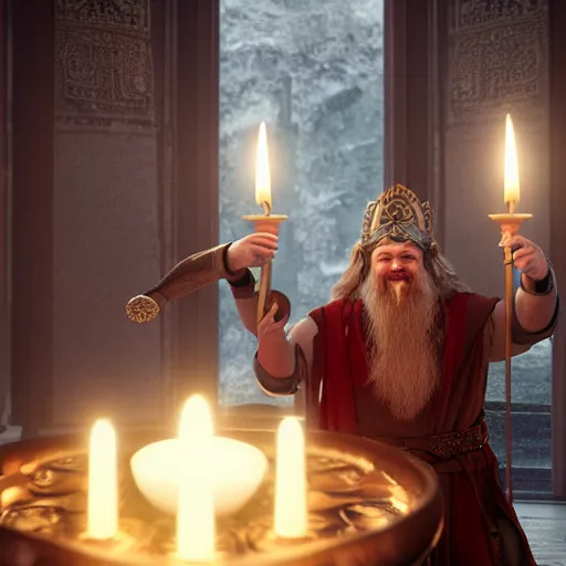 Image similar to fit, red - haired, bearded male in a grey tunic playing a lyre, inside of a candle lit temple, norse god odin, smiling, beside him, bright atmosphere, hyper realistic, photo realistic, movie still, unreal engine, high octane render, 8 k