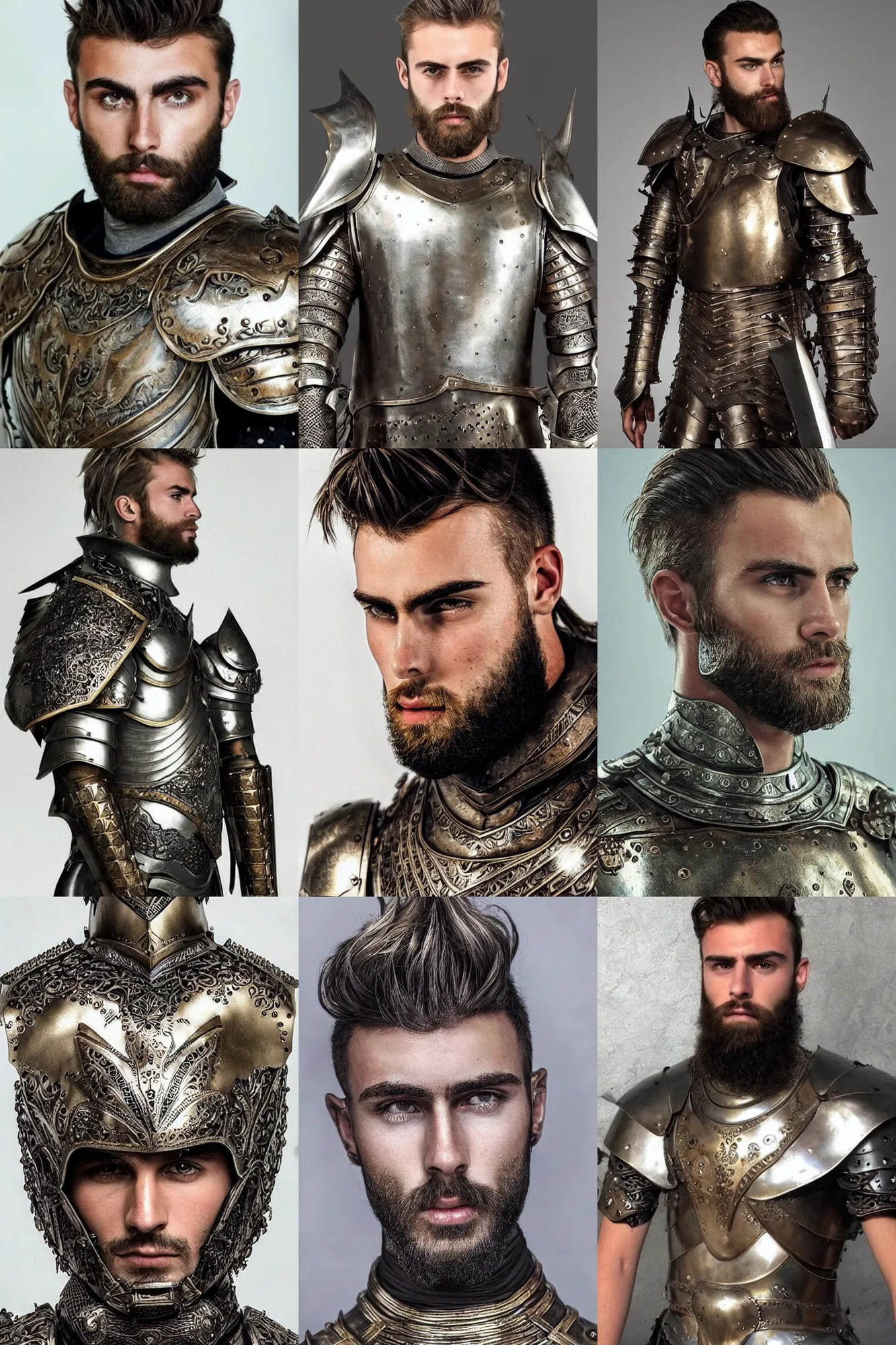 Prompt: young gigachad with thin beard, messy short hair, very beautiful, wearing intricate bronze and silver armour. many different artstyles.