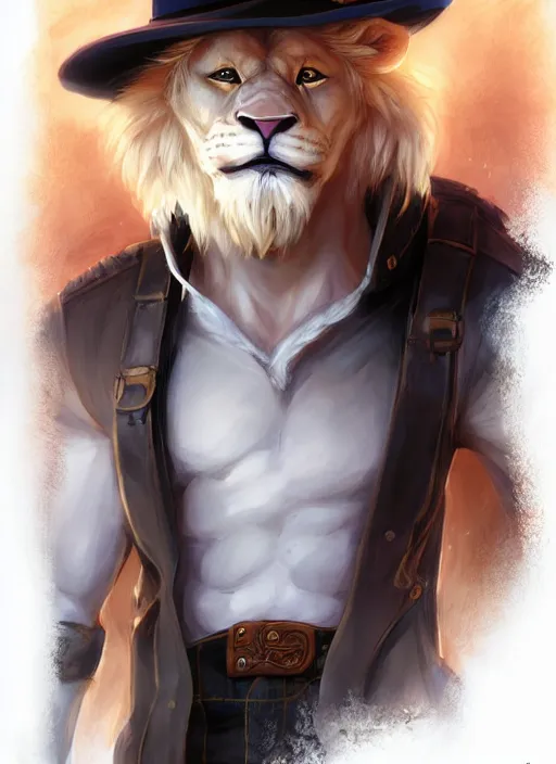 Image similar to aesthetic portrait commission of a of a male fully furry muscular anthro albino lion wearing attractive builders outfit with builders hat. Character design by charlie bowater, ross tran, artgerm, and makoto shinkai, detailed, inked, western comic book art, award winning film poster painting