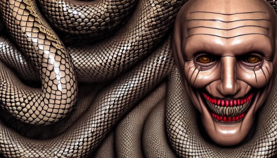 Prompt: a human face made up of snakes, evil smile, death, fear, horror, extremely high detail, ultra realistic, hyperrealism, by binkley, 4 k