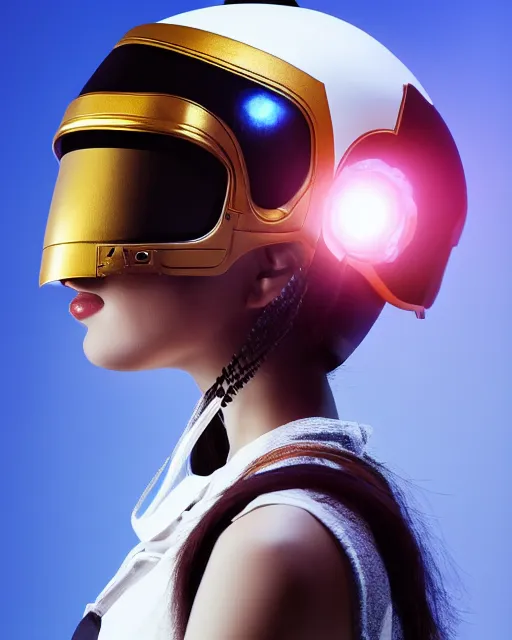 Prompt: centered medium shot fine studio photograph of a beautiful persian girl wearing only a mecha electronic Babylonia helmet with bright lights, ultra-realistic, white background, 8k HDR sunset lit, intricate